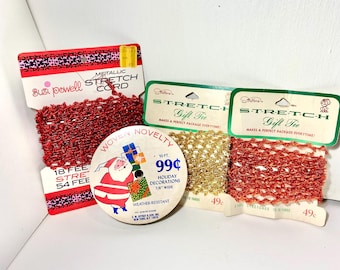 Vintage Christmas Ribbon, Gold and Red Metallic Gift Wrapping, Junk Journaling