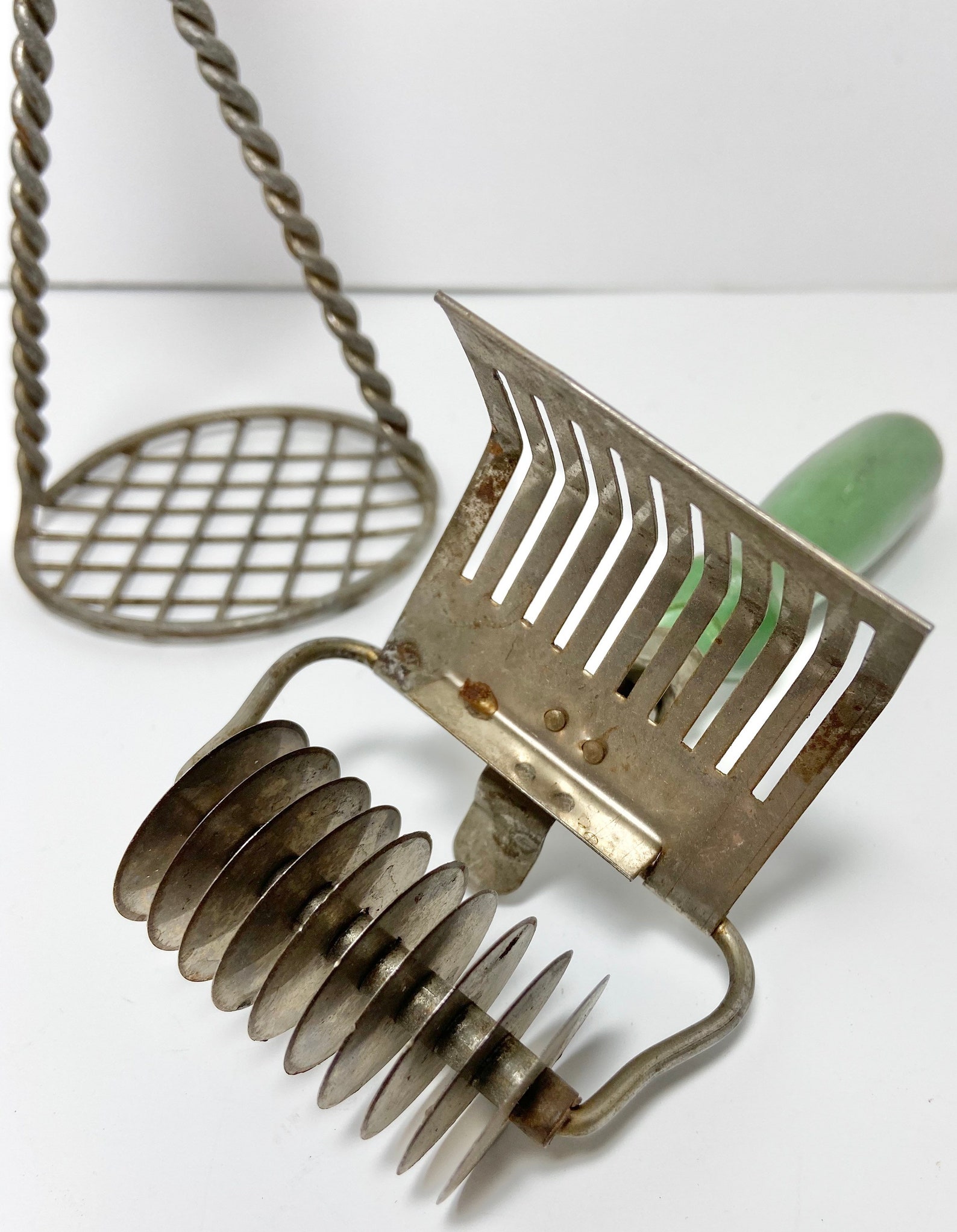 Vintage kitchen utensils green wood handles. Vegetable Masher Etsy