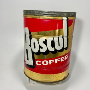 BOSCUL,2 pound coffee tin,vintage coffee can,gold and red graphics,coffee bar,antique coffee,farmhouse,vintage kitchen,advert