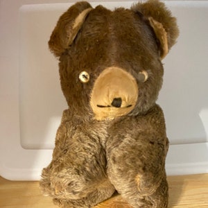 vintage teddy,vintage teddy,homemade teddy bear,home sewn teddy bear,dark brown teddy,one eyed bear,bear collectors,farmhouse find,bear