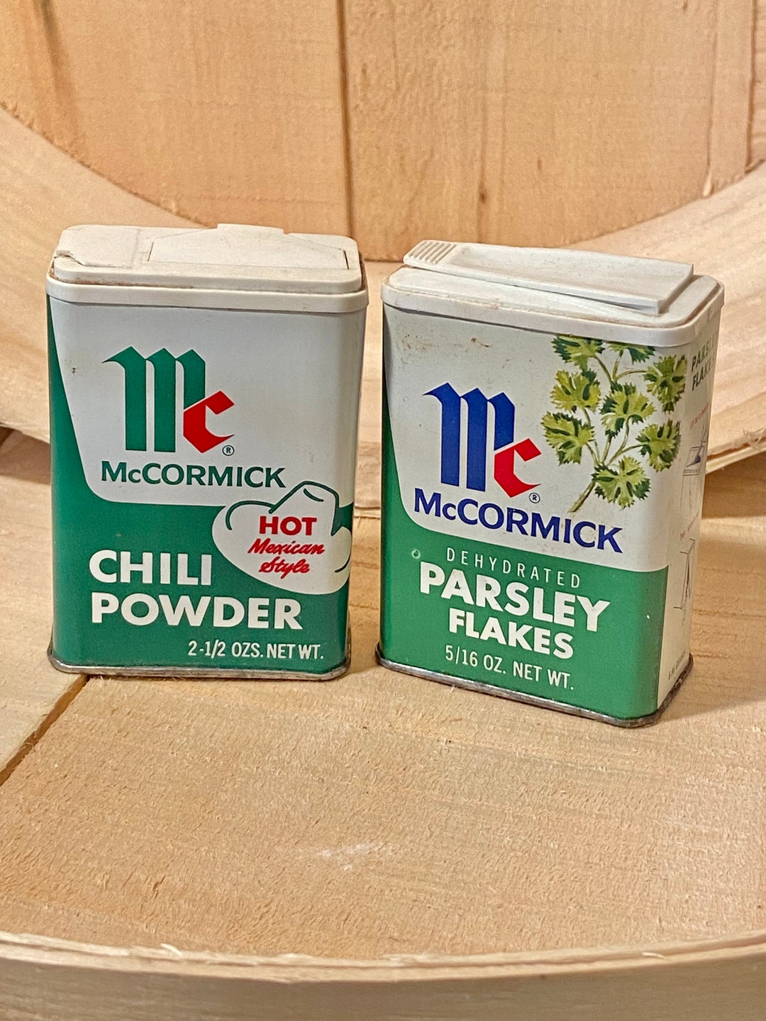 Vintage Pair of Mccormick Spice Tins Green Label. Graphic of Sombrero