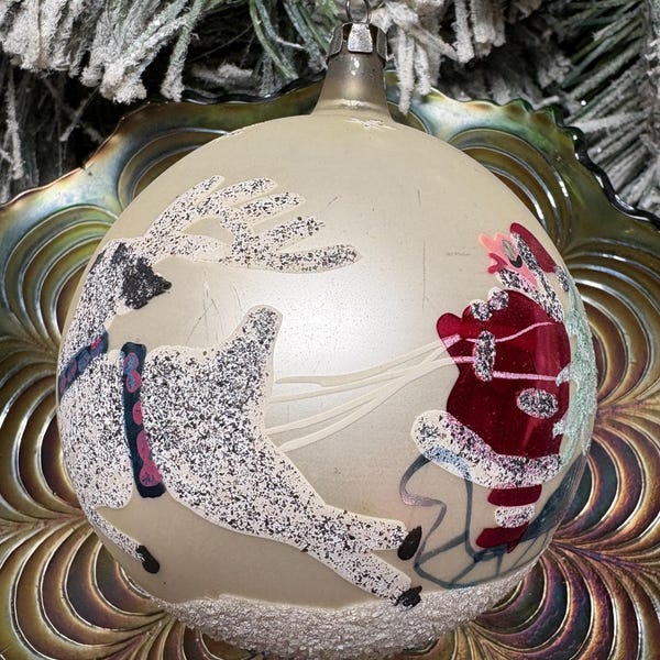Large Jumbo Poland Red SANTA CLAUS with Reindeer Scene White Christmas Glass Ornament Vintage
