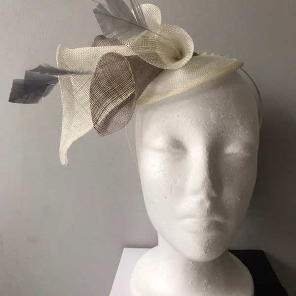 Ivory grey mocha lily flower Fascinator on hairband for weddings ascot races special occasions