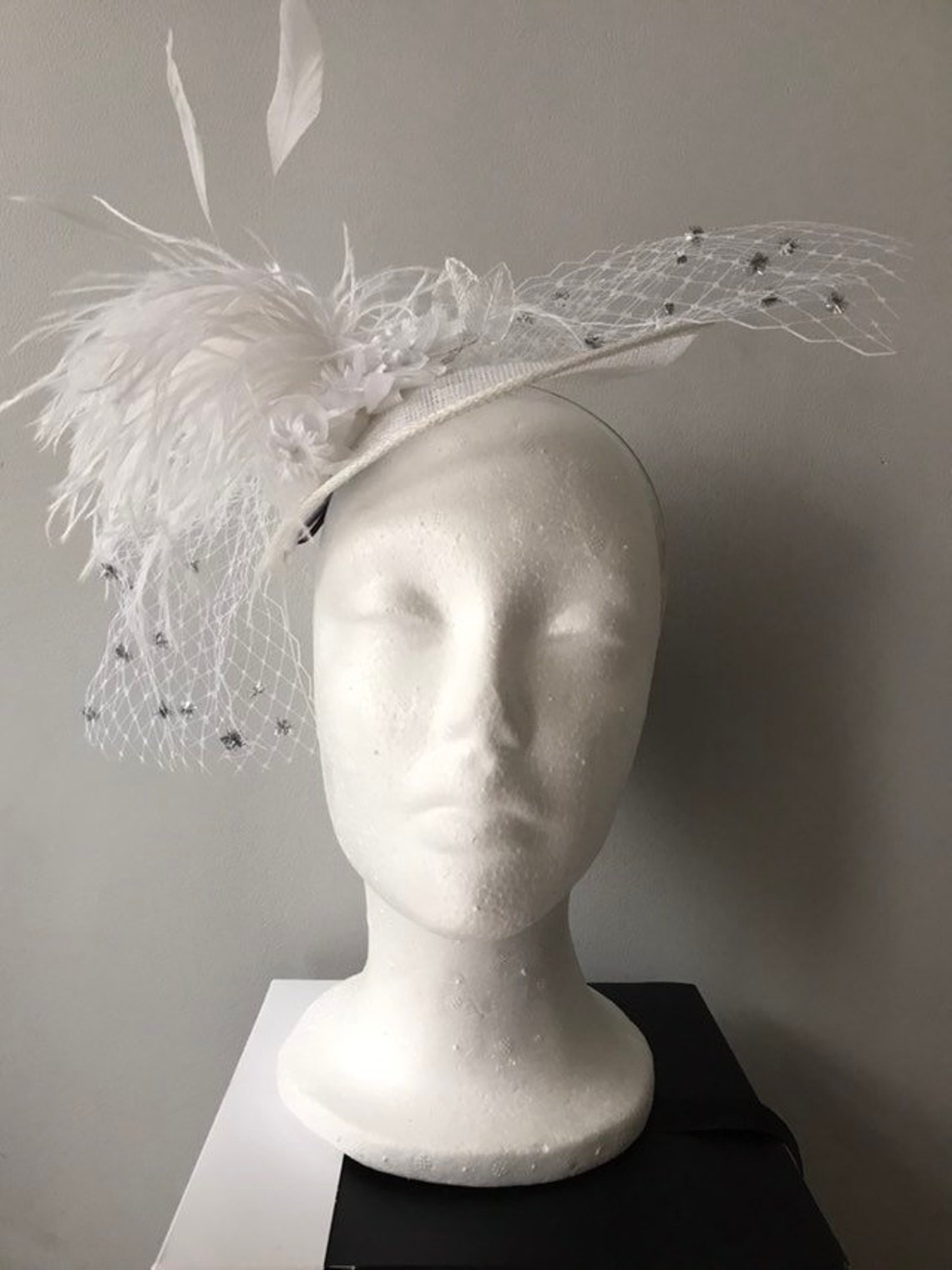 White Fascinator With a Touch of Silver Sparkle on Headband Alice Band