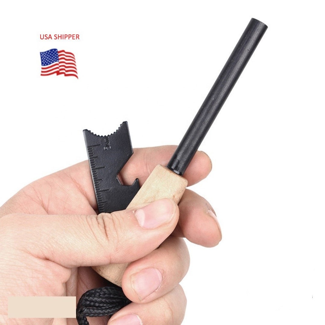 Survival Fire Starter & Steel Striker With Wood Handle Magnesium Rod