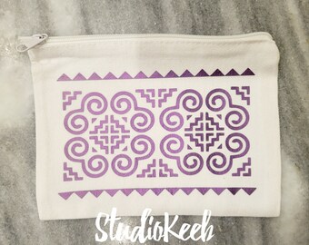 White Canvas Accessory Bag - Hmong Design - Purple Shimmer - Makeup/Accessories Bag