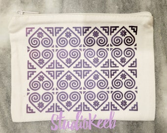 White Canvas Accessory Bag - Hmong Design - Purple Shimmer - Makeup/Accessories Bag