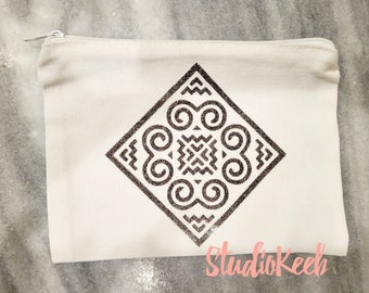 White Canvas Accessory Bag - Hmong Design - holographic silver - Elephant Foot Design - Makeup/Accessories Bag