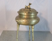Brass Chinese Incense Burner, Censer Bowl, Etched Brass Tripod Incense Jar, Foo Dog