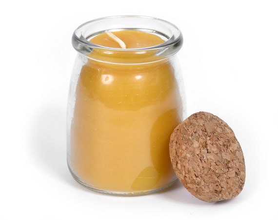 100% Pure Beeswax Jar Candles in Glass Container, Cork Lid - Small Unscented or Aromatherapy Candles