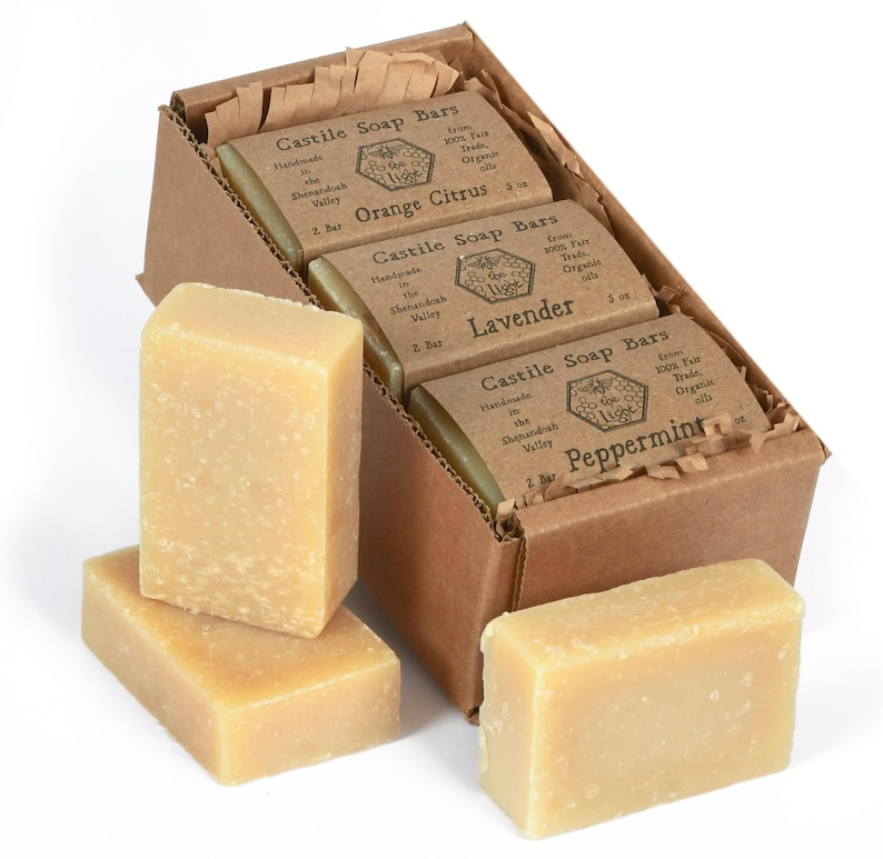 May include: A box of four bars of handmade castile soap in the scents Orange Citrus, Lavender, and Peppermint. The soap is made with 100% fair trade organic oils from the Shenandoah Valley.