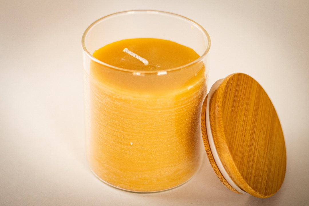 100 Pure Beeswax Jar Candle With Bamboo Lid 50 Hours Burn Time All Natural, Handmade, Unscented