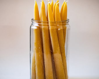 100% Pure Beeswax Taper Candles (12 Hour Burn Time Each) - Handmade, All Natural, Unscented Honey Candles - Dipped Style