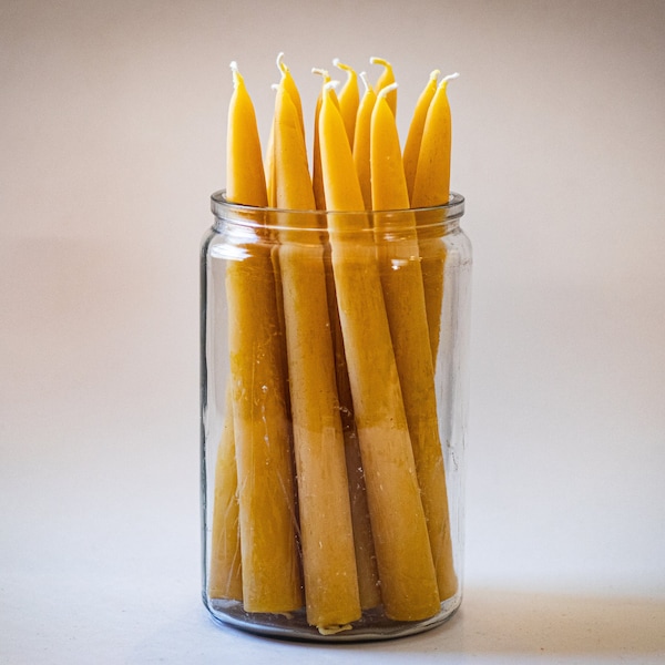 100% Pure Beeswax Taper Candles (12 Hour Burn Time Each) - Handmade, All Natural, Unscented Honey Candles - Dipped Style