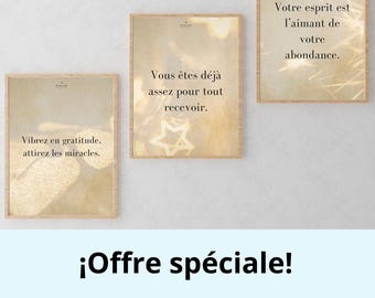 Seria 3 cytatów z Manifestation Posititve, Décoration Murale Or et Esthétique, Affichages Numériques Motivation, Abondance et Gratitude,