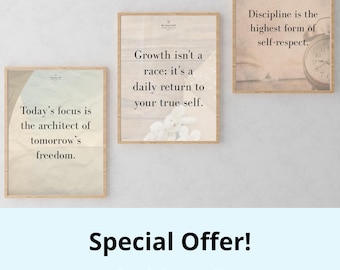 Zestaw 3 grafik ściennych „Rozwój i dyscyplina”, pakiet motywacyjnych cytatów, wydruki do biura, afirmacje dotyczące zdrowia psychicznego, plakat w stylu vintage
