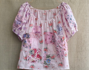 Vintage Style Patchwork Boho Blouse - Handmade Floral Cotton Top.