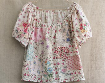 Vintage Style Patchwork Boho Blouse - Handmade Floral Cotton Top.
