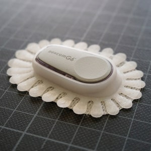 Op de afbeelding: Een witte Dexcom G6 continue glucosemonitor sensor met een ronde, klevende patch. De sensor is ontworpen om op de huid te worden gedragen.