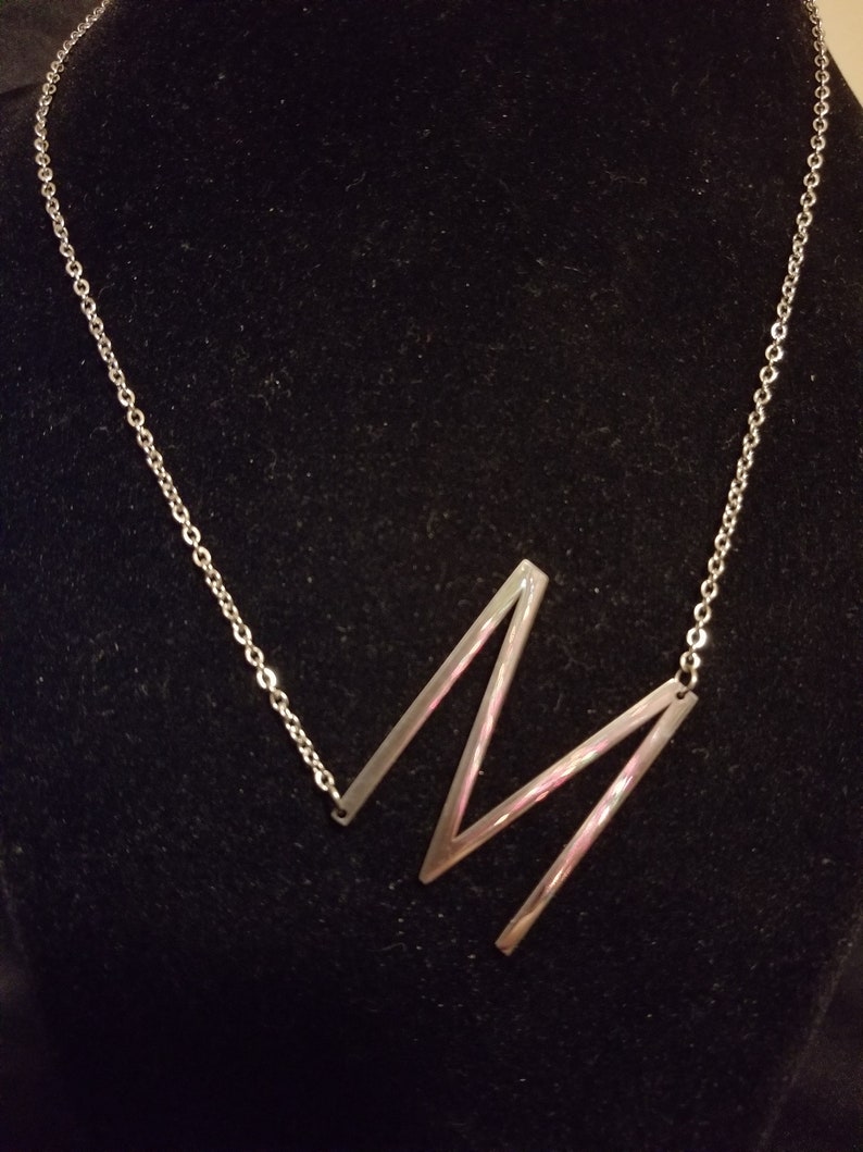 Alphabet initial large oversized M sideways letter 100/% stainless steel silver necklace