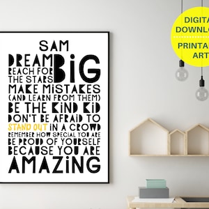 DO DRUKU spersonalizowany plakat Dream Big, spersonalizowana sztuka ścienna dla nastolatków, monochromatyczna dekoracja pokoju nastolatka, plakat motywacyjny dla nastolatków, pozytywna sztuka cytatów