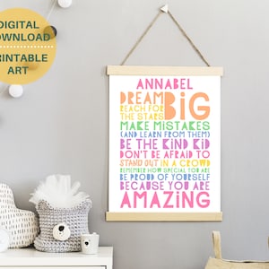 Plakat spersonalizowany Dream Big, DO DRUKU, dziewczęca sztuka ścienna, pastelowa dekoracja pokoju nastolatka, plakat motywacyjny dla nastoletnich dziewcząt, pozytywne cytaty dziewcząt
