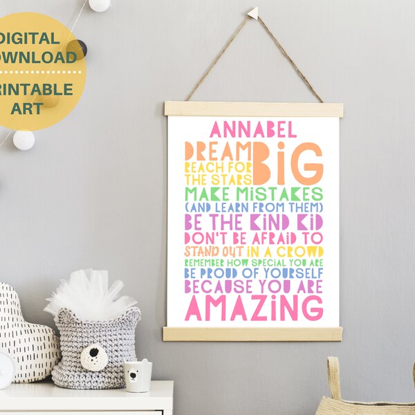 Dream Big personalized poster, PRINTABLE girls wall art, pastel teen room decor, teen girl inspirational poster, girls positive quote art