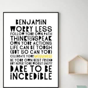 Może przedstawiać: Czarno-biały plakat do wydrukowania z tekstem "Benjamin Worry Less Follow Your Own Path Think Before You Speak Own Your Actions Life Can Be Tough (But So Can You) Celebrate Your Uniqueness Be Your Own Best Friend But Never Your Worst Enemy Dare To Be Incredible" w pogrubionej czcionce. Tekst "Uniqueness" jest w kolorze ż&oacute;łtym.