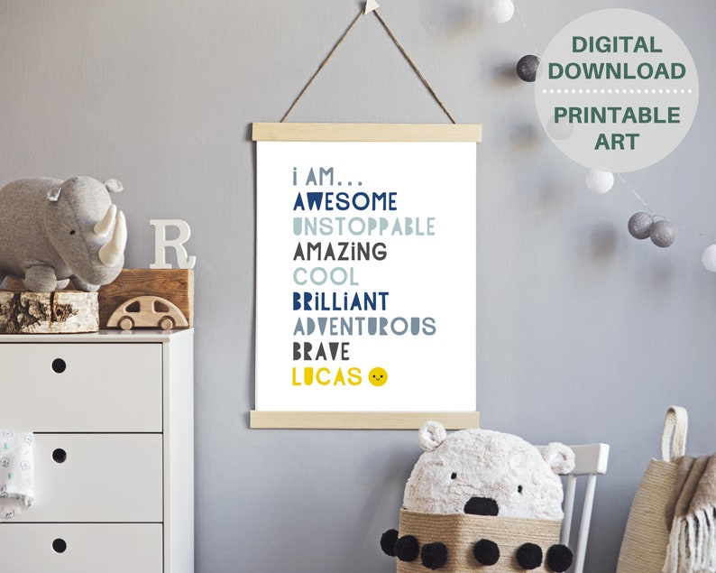Pu&ograve; includere: Una stampa d'arte da parete stampabile con uno schema di colori blu e bianco. La stampa presenta il testo "Io sono... Fantastico, Inarrestabile, Incredibile, Bello, Brillante, Avventuroso, Coraggioso, Lucas" con una faccina sorridente gialla.
