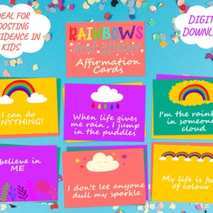 Conjunto de tarjetas de afirmación arcoíris para niños, tarjetas de afirmación positiva para niños, regalo para niños, actividad de bienestar imprimible, DESCARGA INSTANTÁNEA