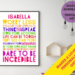 DO DRUKU spersonalizowany plakat Be Incredible, spersonalizowana sztuka ścienna dla dziewcząt, wystrój pokoju nastolatka, plakat motywacyjny dla nastolatek, sztuka z pozytywnym cytatem dla dziewcząt