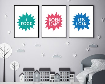 Art mural inspirant pour enfants, ensemble de 3 tirages, citation Born Ready, cadeau pour enfants, décor de chambre d'enfants, tirages d'affirmation, tirages téléchargeables