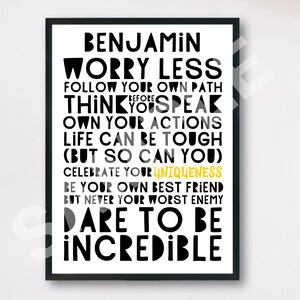 Może przedstawiać: Czarno-biały plakat typograficzny z imieniem Benjamin i tekstem "Worry Less, Follow Your Own Path, Think Before You Speak, Own Your Actions, Life Can Be Tough (But So Can You), Celebrate Your Uniqueness, Be Your Own Best Friend, But Never Your Worst Enemy, Dare To Be Incredible".