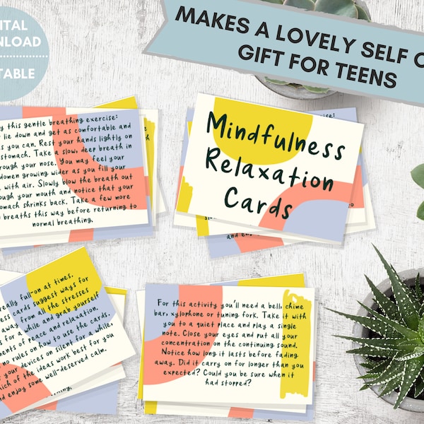 Mindfulness relaxation cards, stress relief for teens, mindful printable cards, self care gift for teen, mindfulness gifts, care package