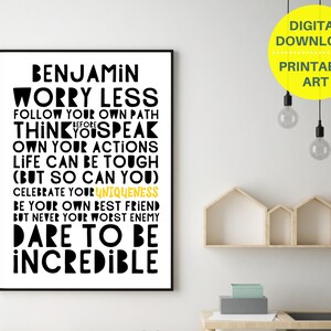 Może przedstawiać: Czarno-biała, drukowana grafika ścienna z tekstem "BENJAMIN WORRY LESS FOLLOW YOUR OWN PATH BEFORE THINK YOU SPEAK OWN YOUR ACTIONS LIFE CAN BE TOUGH (BUT SO CAN YOU) CELEBRATE YOUR UNIQUENESS BE YOUR OWN BEST FRIEND BUT NEVER YOUR WORST ENEMY DARE TO BE INCREDIBLE". Tekst jest pogrubiony, w czcionce bezszeryfowej. Słowo "UNIQUENESS" jest wyr&oacute;żnione kolorem ż&oacute;łtym.