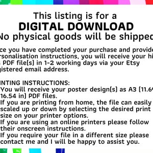 Pu&ograve; includere: Un elenco di download digitale per un design di poster in formato A3 (11,69 x 16,54 pollici). L'elenco include istruzioni per la stampa da casa o l'utilizzo di stampanti online.