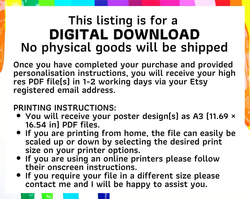 Pu&ograve; includere: Un elenco di download digitale per un design di poster in formato A3 (11,69 x 16,54 pollici). L'elenco include istruzioni per la stampa da casa o l'utilizzo di stampanti online.