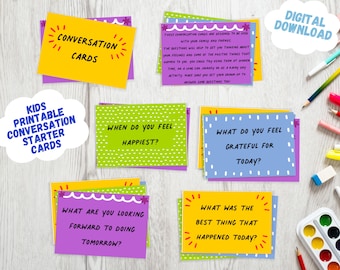 Op de afbeelding: Een set met printbare gespreksstarters voor kinderen. De kaarten zijn kleurrijk en bevatten vragen zoals "Waar kijk je naar uit om morgen te doen?" en "Wat was het beste dat vandaag is gebeurd?"