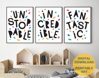 DRUCKBARE Typografie Poster Set, motivierende Wort Kunstdrucke für Kinder, einfarbige Kunst für Kinder, Kinderzimmer Dekor, Spielzimmer Wandkunst, Klassenzimmer Dekor