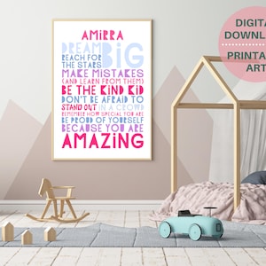 DO DRUKU spersonalizowany plakat Dream Big, spersonalizowana sztuka ścienna dla dziewcząt, wystrój pokoju dla dziewcząt, plakat motywacyjny dla dziewcząt, pozytywne cytaty dla nastolatków
