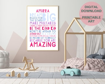 PRINTABLE Dream Big poster personalizzato, arte murale per ragazze personalizzate, arredamento della camera delle ragazze, poster ispiratore per ragazze, adolescenti positivi citazione art