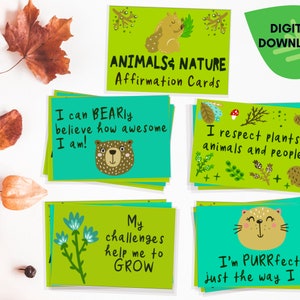 Tarjetas de afirmación positiva, conjunto de afirmaciones de naturaleza para niños IMPRIMIBLES, regalo positivo para niños, actividad de bienestar, autoestima de los niños, animales