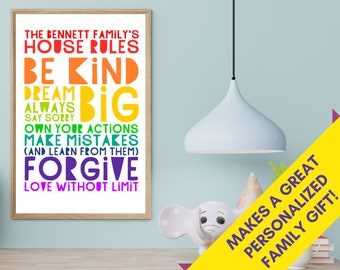 PRINTABLE house rules poster, personalized family gift, custom family room decor, house rules print, rainbow word art, positive quote print