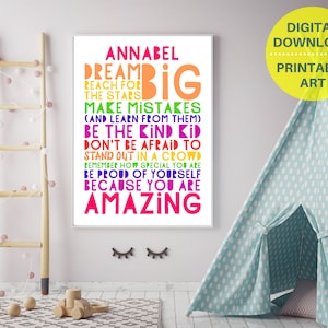 DO DRUKU spersonalizowany plakat Dream Big, spersonalizowana sztuka ścienna dla dziewcząt, wystrój pokoju nastolatka, plakat motywacyjny dla nastolatek, pozytywne cytaty dla dziewcząt