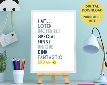 Boys wall art, PRINTABLE I Am Loved boys personalised print, gift for boy, custom boys room decor, inspirational quote poster, name sign