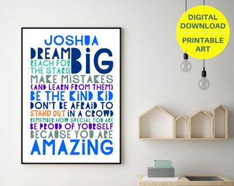 Druckbare Traum große personalisierte Poster, benutzerdefinierte jungen Wandkunst, Teen Zimmer Dekor, Teen junge inspirierende Plakat, jungen positive Zitat Kunst