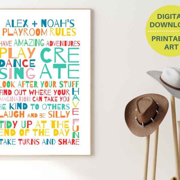 Playroom Rules print, printable playroom wall art, personalized playroom decor, playroom prints, rainbow Playroom Rules, kids room decor,