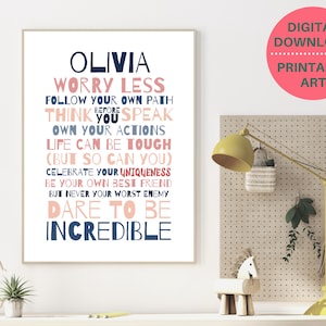 DO DRUKU spersonalizowany plakat z motywem dbania o siebie, niestandardowy prezent dla dziewcząt na zakończenie szkoły, wystrój pokoju nastolatka, plakat motywacyjny dla nastolatek, cytat Worry Less
