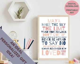 Personalized teen girl inspirational quote art,  PRINTABLE custom teen girl print, teen room decor, teen girl motivational print, blush pink
