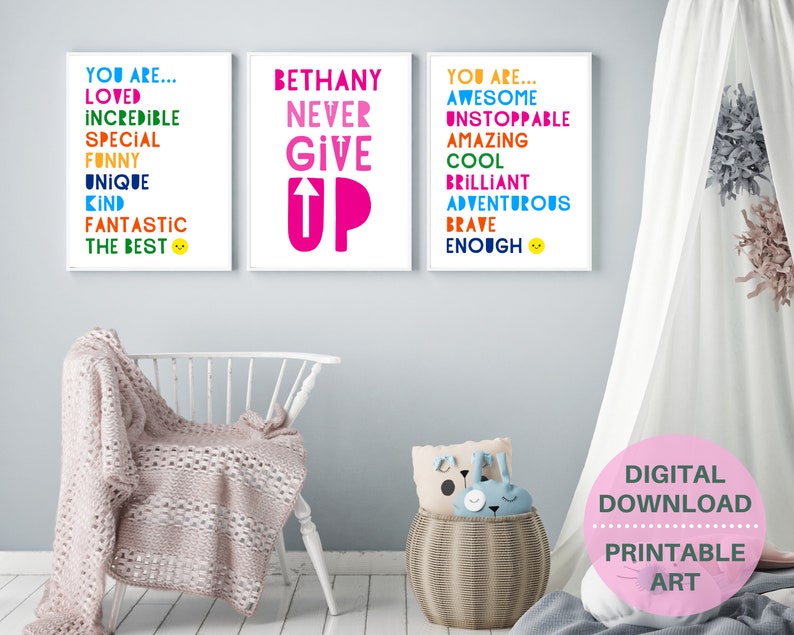 kid prints bundle self care quote downloadable prints personalized girls gift positive quote girl girl wall decor Motivational wall art